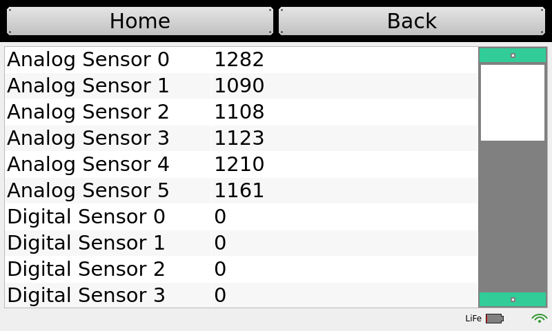 The sensor list on the Wombat
