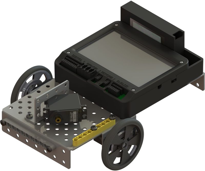 The servo secured in the bracket with two medium bolts and nuts