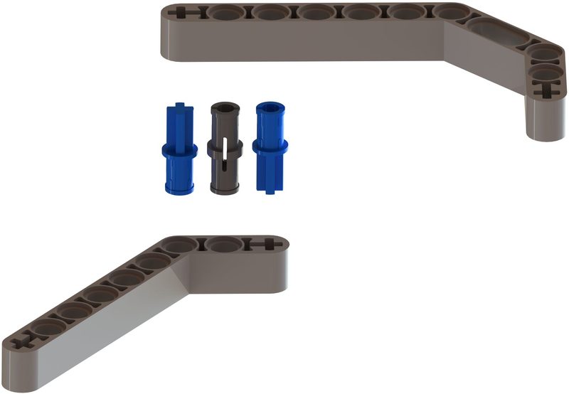A 3x7 bent liftarm joined to a claw liftarm with two blue axle pins and one black pin