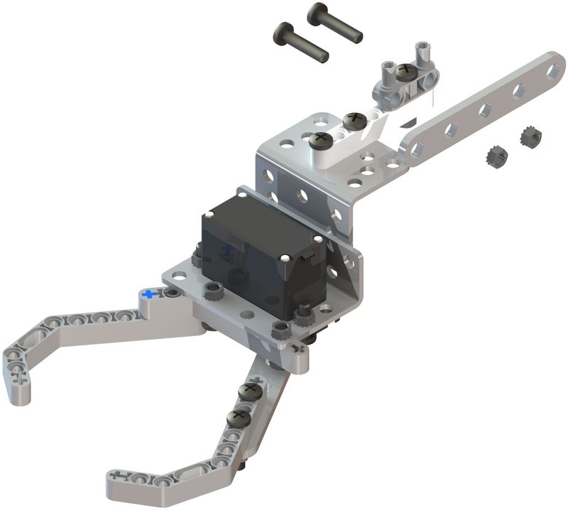A 1x5 servo horn attached to the LEGO H-pin with two long bolts and nuts