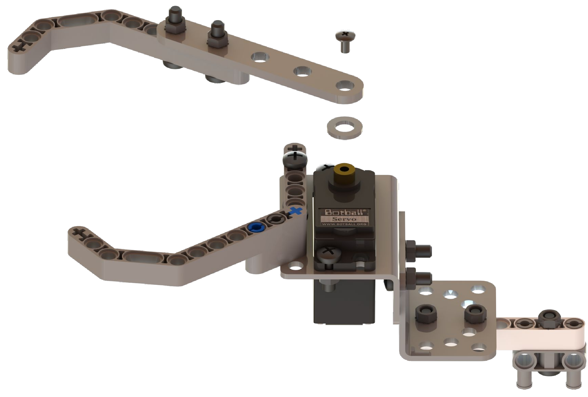 The claw attached to the servo with a washer beneath it and the small silver bolt
