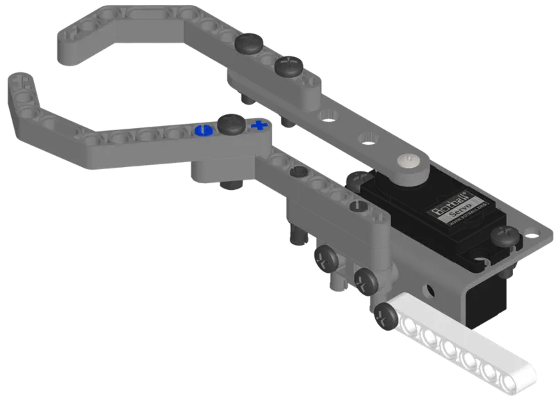 Completed claw assembly with claw servo, both jaws, and bent liftarm frame.