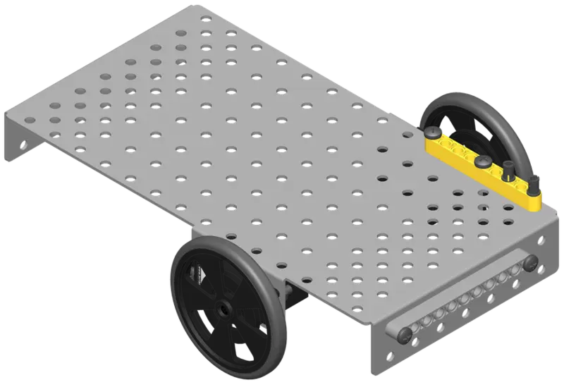 Chassis with two motors, two wheels, and both liftarms attached.