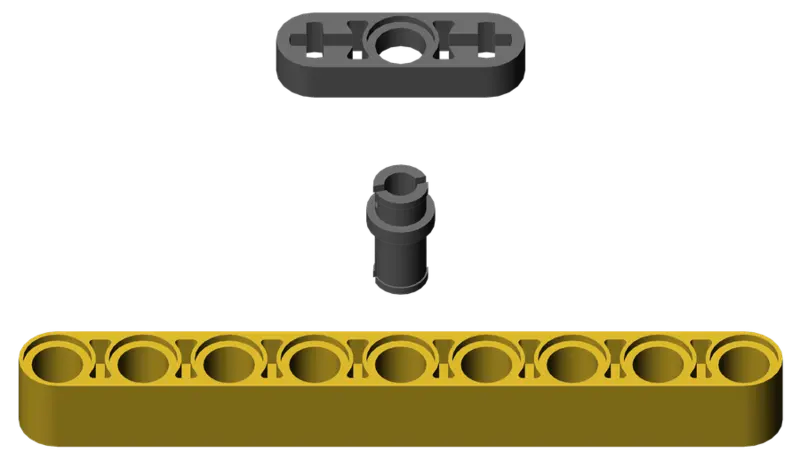 Caster arm assembled from a 1×9 liftarm, a three-quarter pin, and a thin 1×3 liftarm.