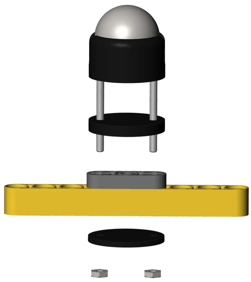 Caster assembly order with thick spacer, LEGO arm, thin spacer, and small nuts.