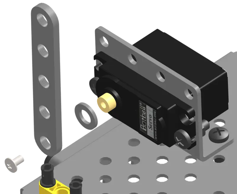 Arm servo horn bolted upright with a washer underneath.