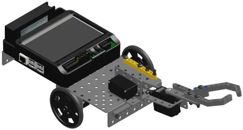 Completed Servo Demobot with driving base, arm servo, and claw servo.