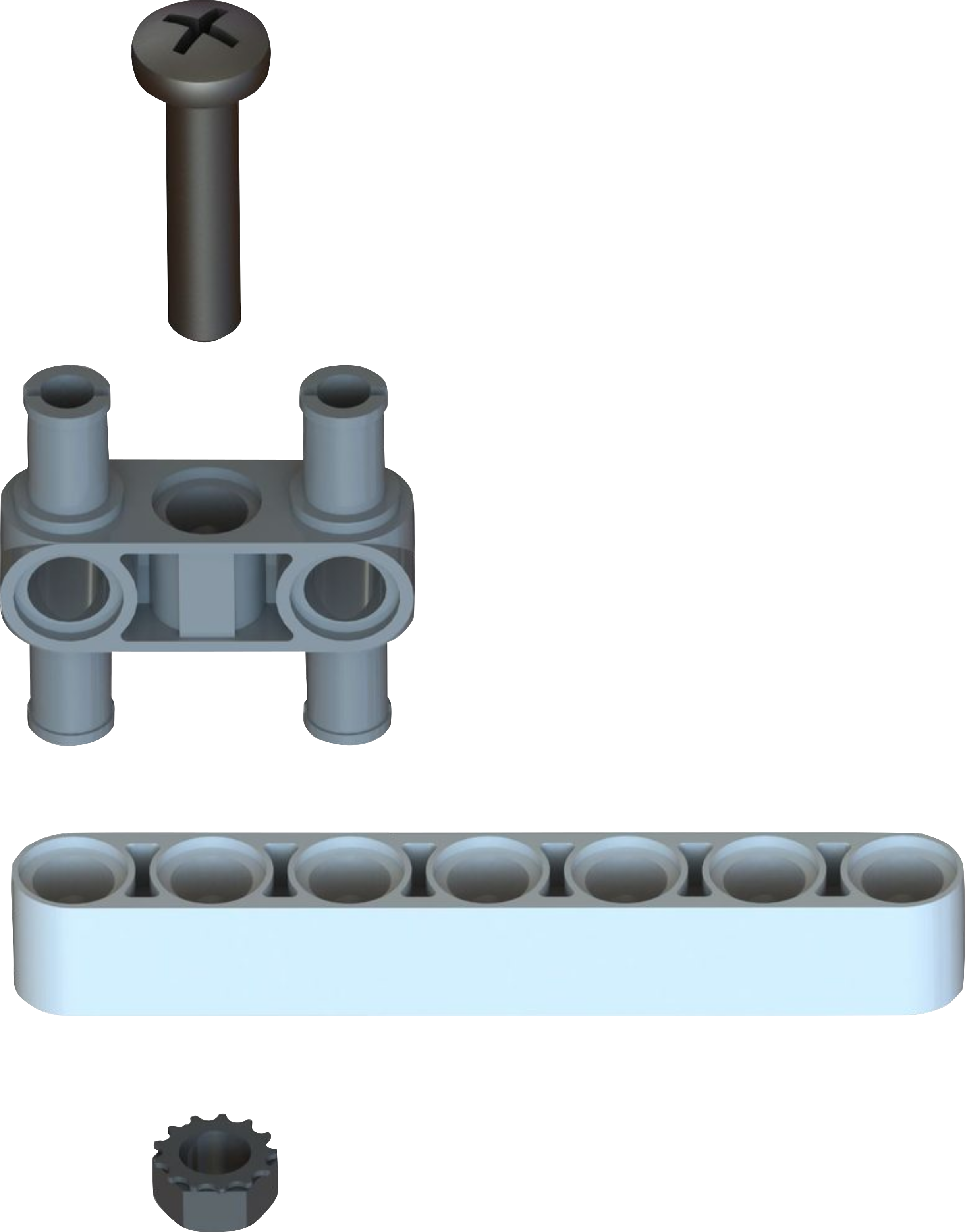 A LEGO H-pin attached to one end of a 1x7 liftarm with a long bolt and nut